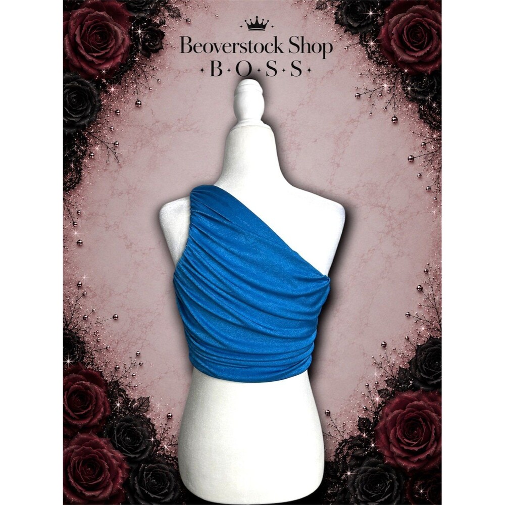 Preowned Blue One Shoulder Ruched Stretch Crop Top Women’s Medium - Picture 5 of 7